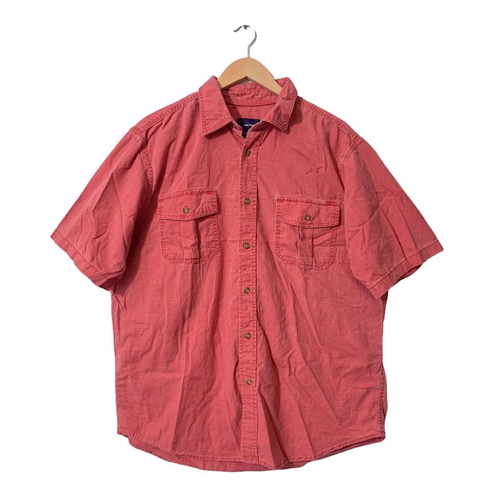 Basic Editions Mens Faded Red Pink Button Down Short Sleeve Fishing Shirt Large